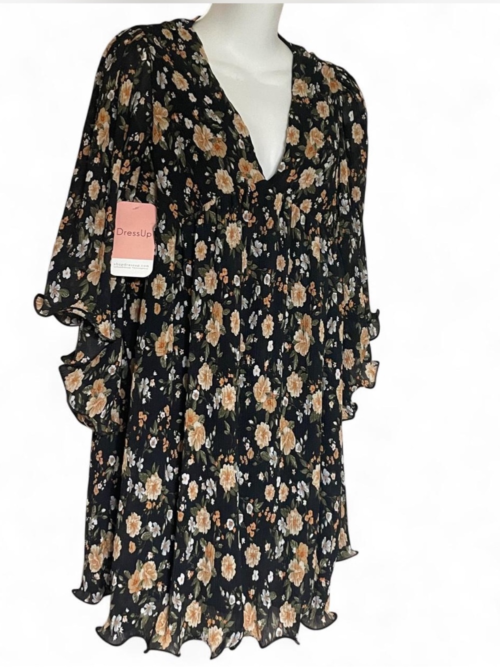 DressUp Black Floral V-Neck Long-Sleeve Midi Dress
